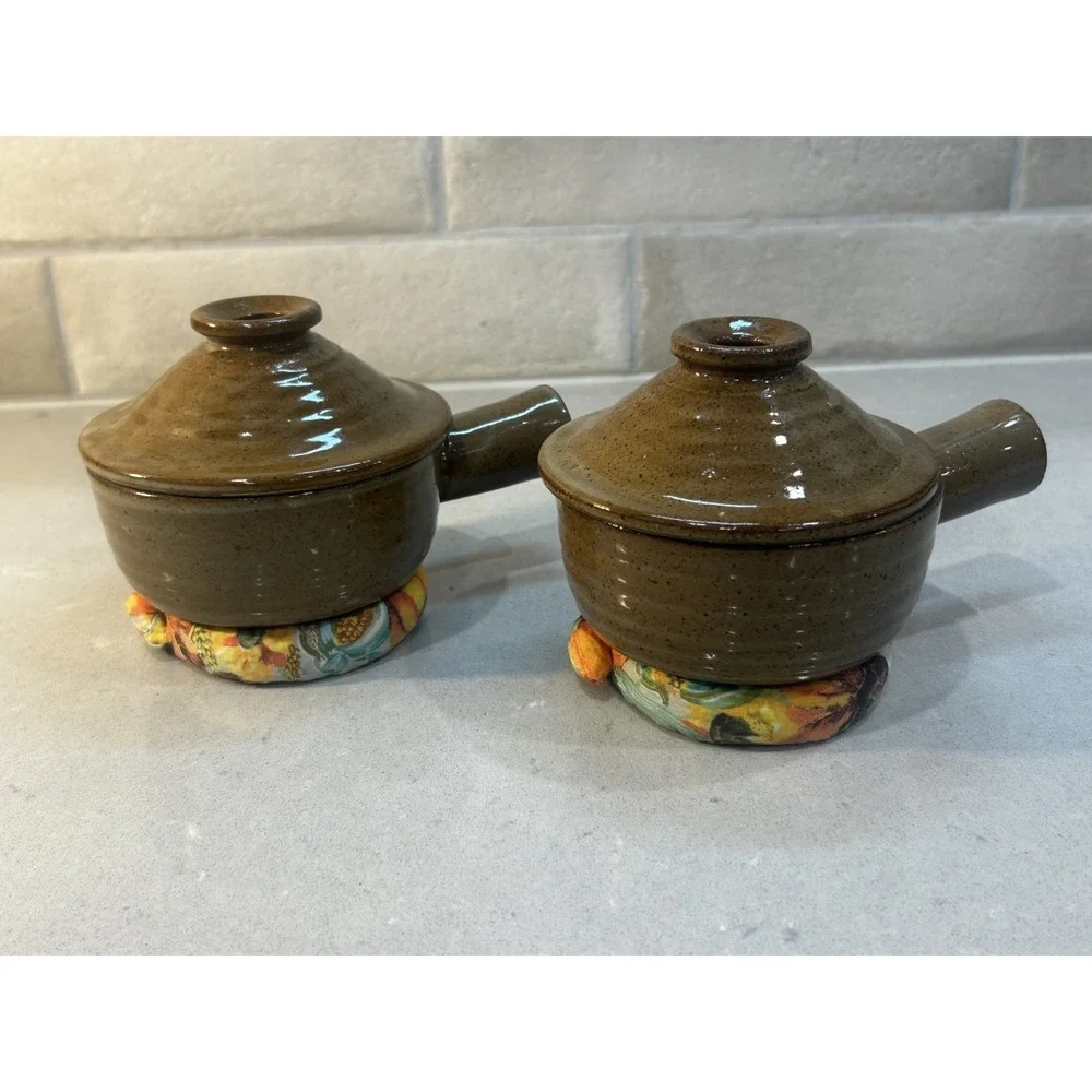 2 Vintage Soup Crocks Brown Pair Handles Vented Lids